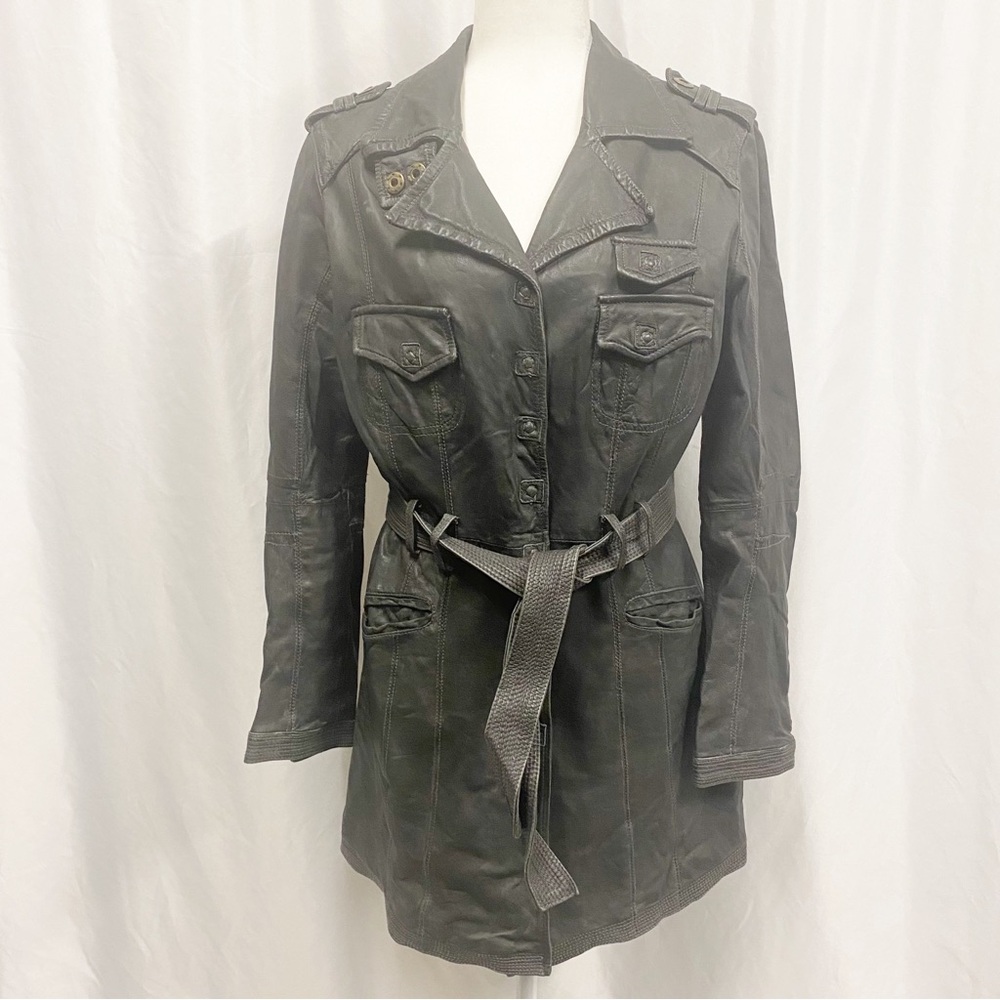Dick & Jayne Charcoal Gray/Black Genuine Leather Belted Trench Coat